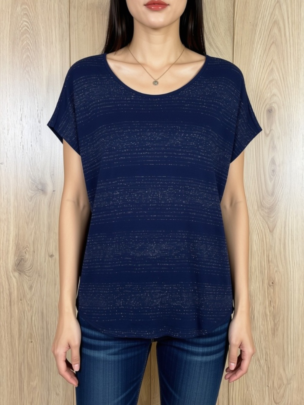 Vince Camuto Navy Sparkle Short Sleeve Scoop Neck Top